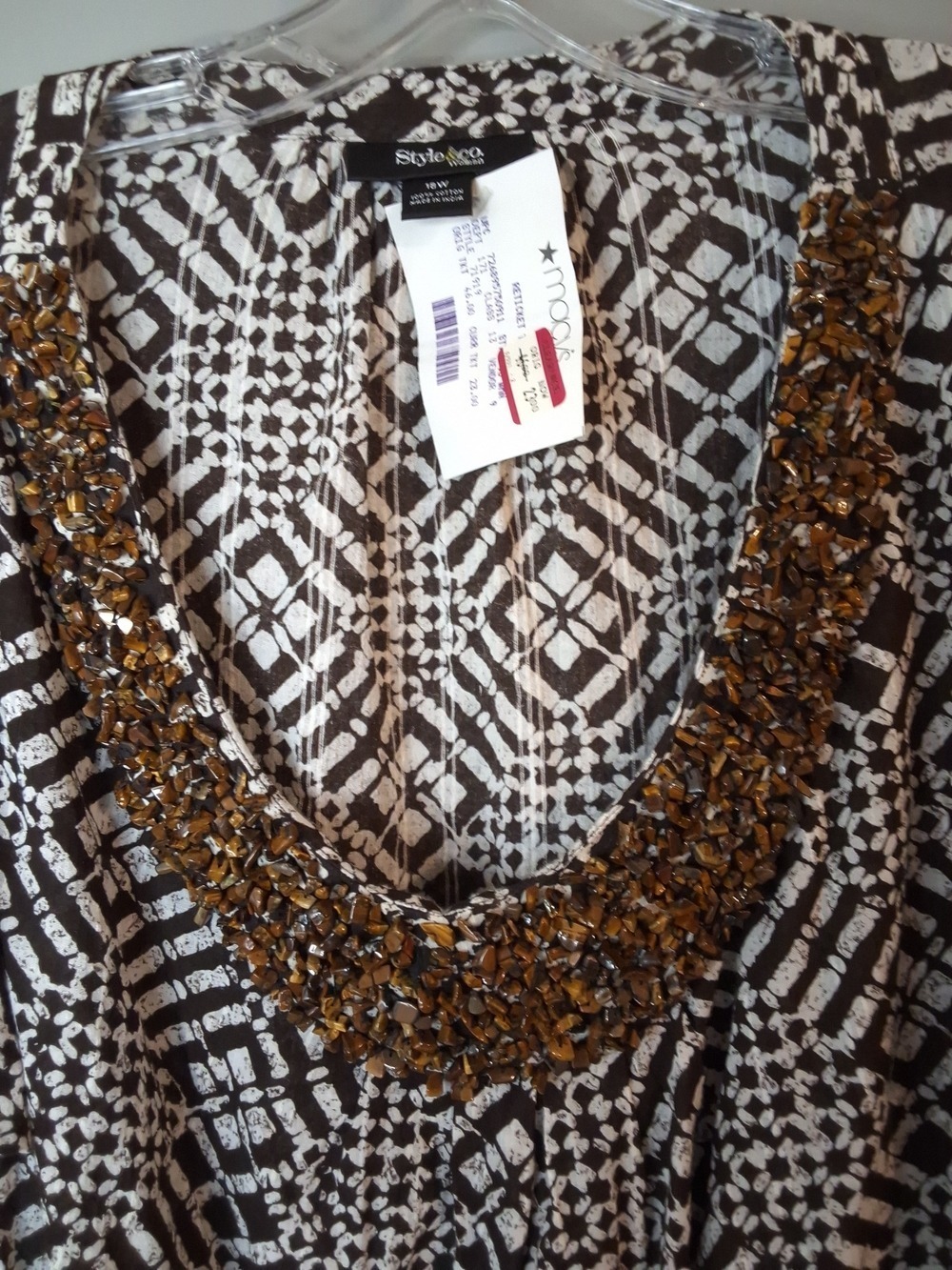 NWT Style & Co Brown Beaded Neck Printed Peasant Blouse 18W NWT Brown Boho Top - Picture 3 of 7